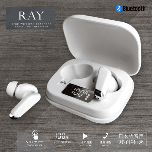 【ホワイト】完全ワイヤレスイヤホン　Ray（レイ）〜日本語ガイド付き