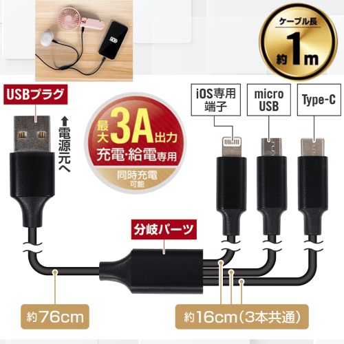 3Aマルチ3in1ケーブル