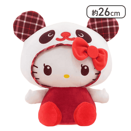 【レッド】パンダ ハローキティ タータンチェックBIGぬいぐるみ